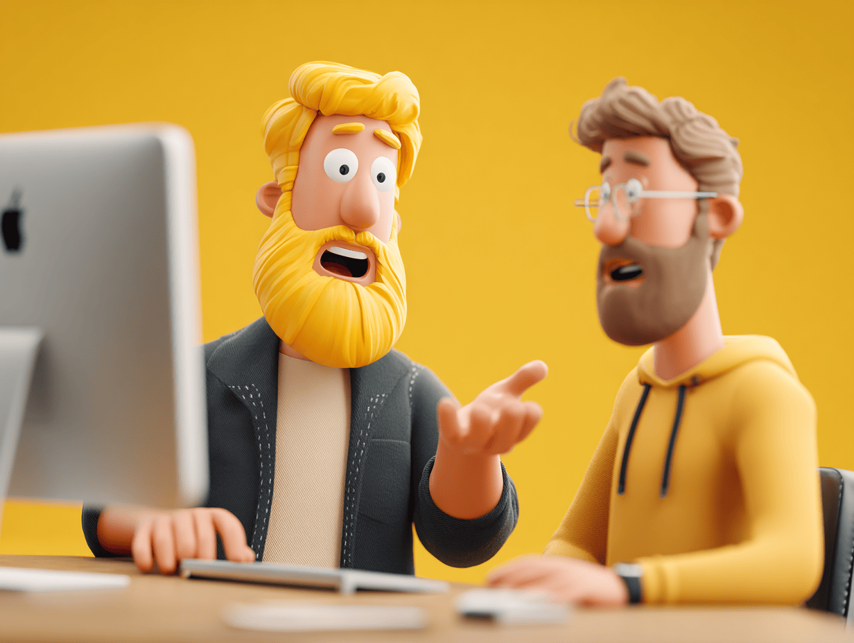 Two stylized professionals collaborate at a computer, discussing and reviewing information together, representing structured teamwork, shared responsibility, and guided decision-making in information security management.