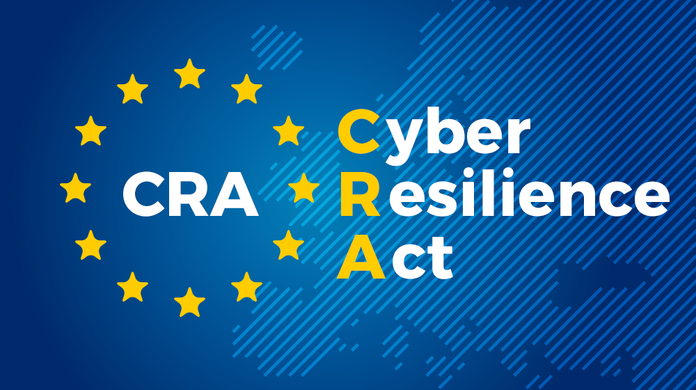 Graphic illustrating the Cyber Resilience Act (CRA), featuring the EU flag stars and the text “Cyber Resilience Act” over a stylised map of Europe.