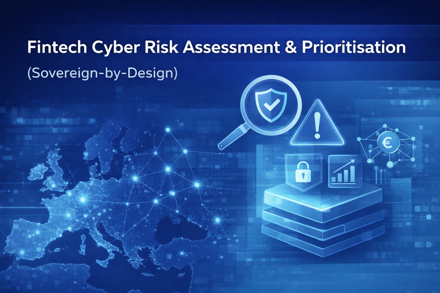 Conceptual image illustrating fintech cyber risk analysis and prioritisation, with European digital networks, security icons and financial system elements.
