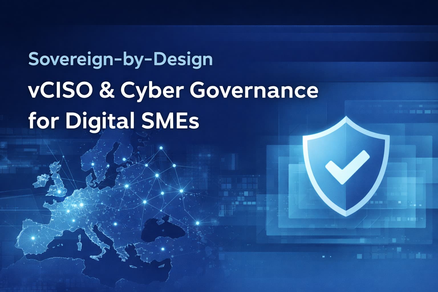 Conceptual illustration of cyber governance and data security for digital SMEs, featuring a stylised European map and secure digital networks.